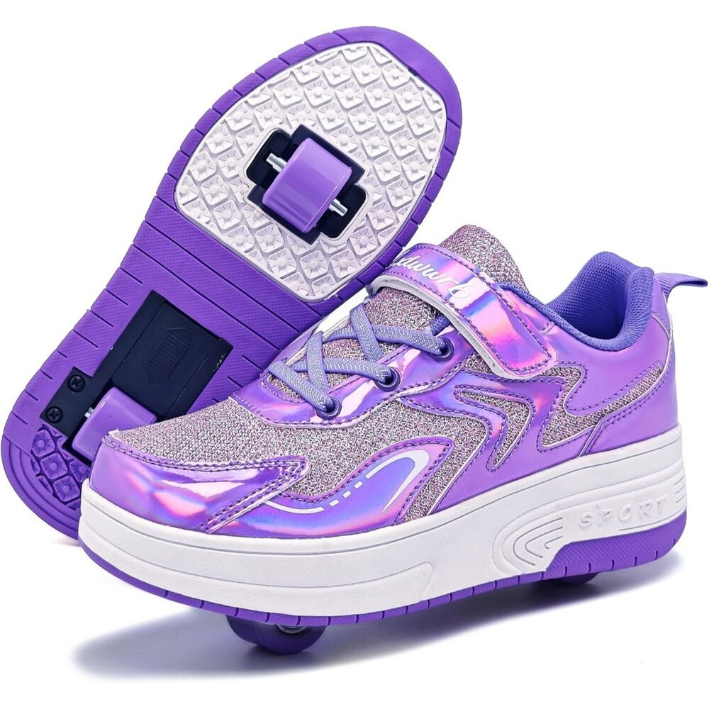 Kids Purple Recharge Able Wheels Sneakers Fashion Roller Wheeled Skate Shoes